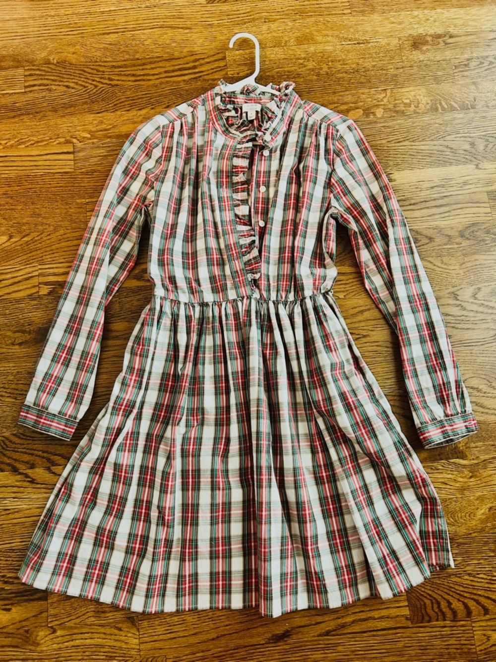 J. Crew Factory Red, Green and Cream Plaid Ruffle-Front Midi Dress